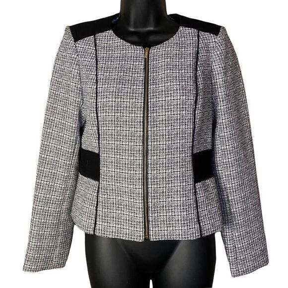 Calvin Klein Gray Black Tweed Zippered Blazer Suit Padded Shoulders - Picture 1 of 7